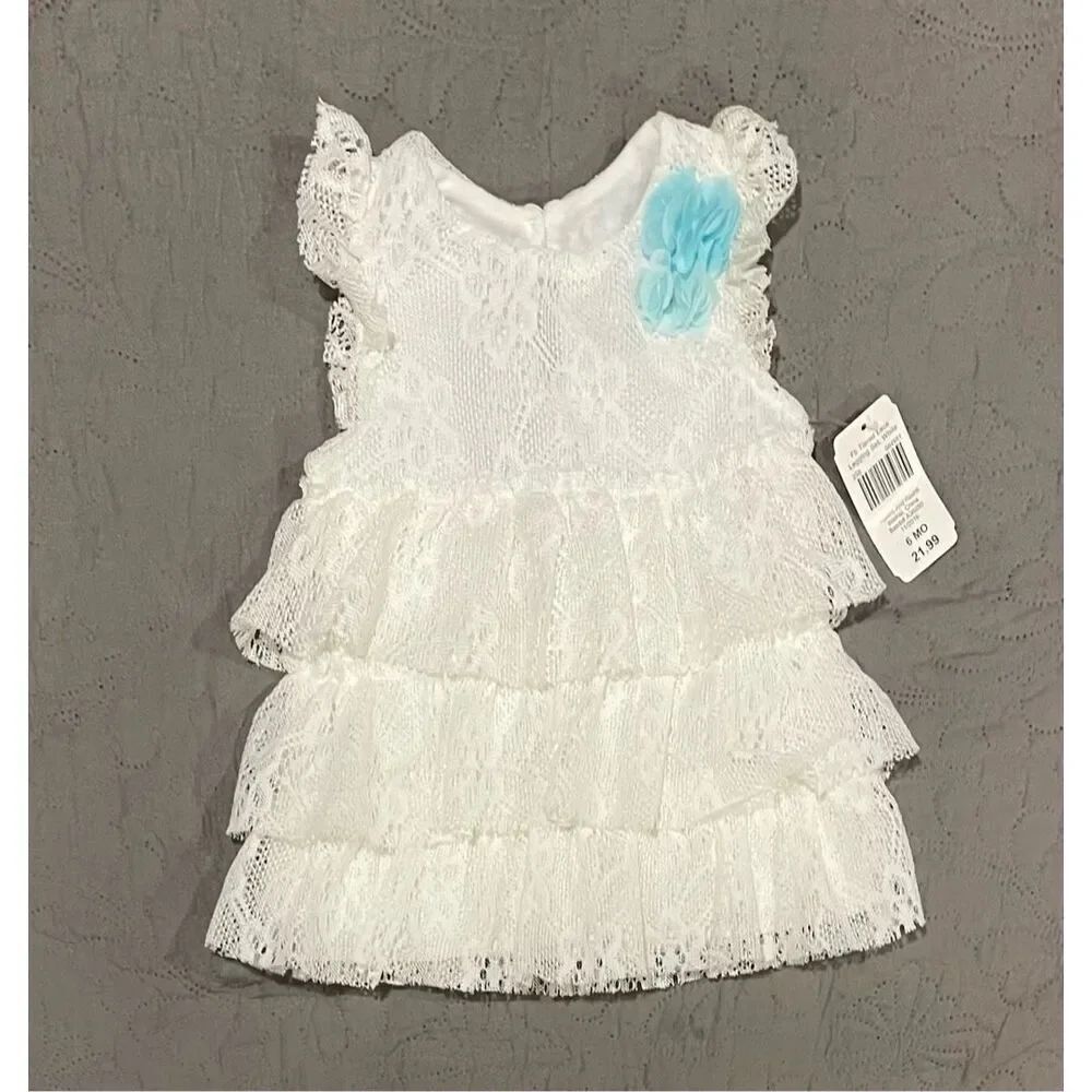 Baby Starters 6m White Tiered Dress Blue Flower Baby Girl New